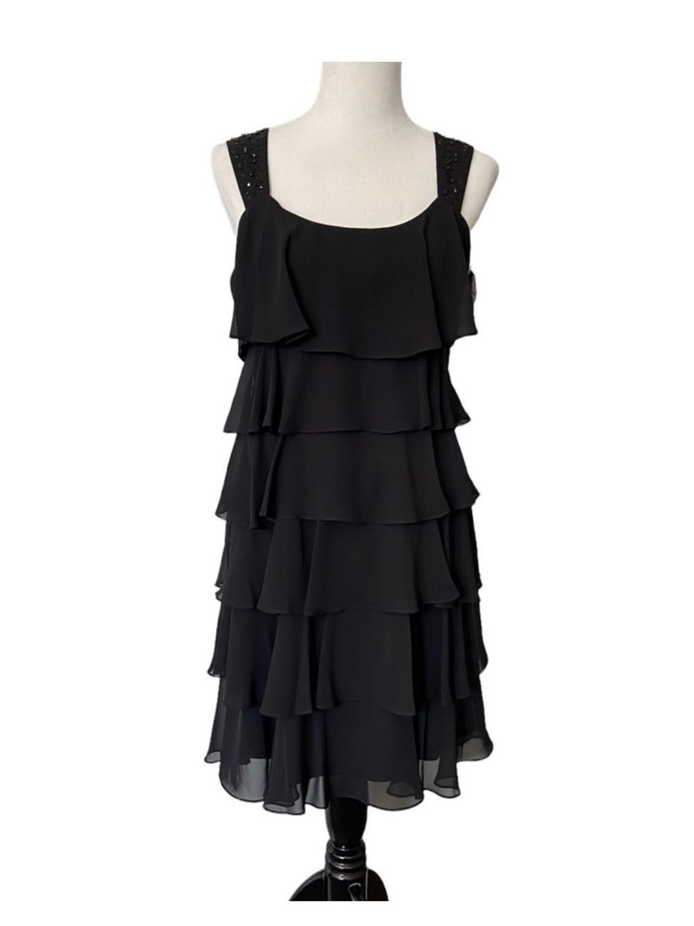 Jessica Howard Black Tiered Ruffle Midi Dress with Embellished Straps